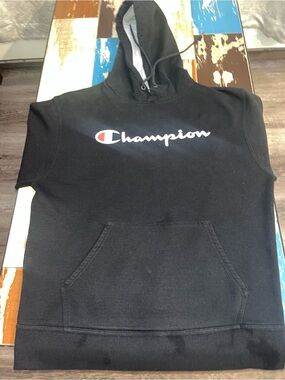 Champion Black Hoodie with White Script and Red Logo Accent